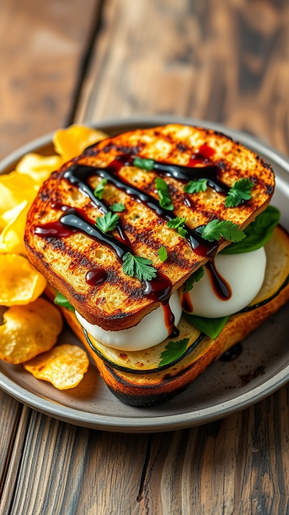 A grilled zucchini sandwich made with toasted bread, zucchini, mozzarella, and fresh herbs, served with potato chips.